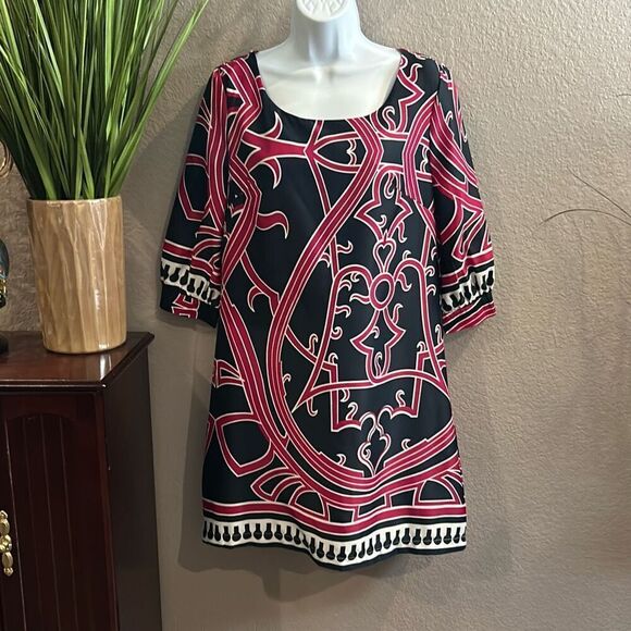 #517 Paraella navy black, fuchsia and white lined, lightweight shift, dress size - Picture 1 of 9